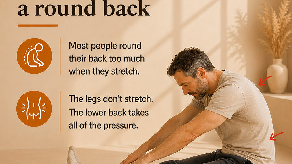 Keeping a long spine during a supported FlexBuddy hamstring stretch — why rounding your back is the beginner mistake